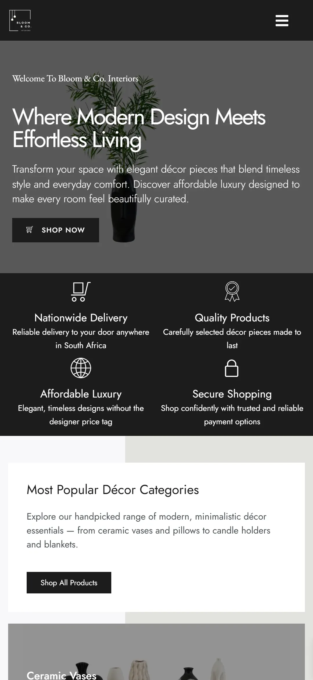 Bloom & Co Interiors website, mobile view