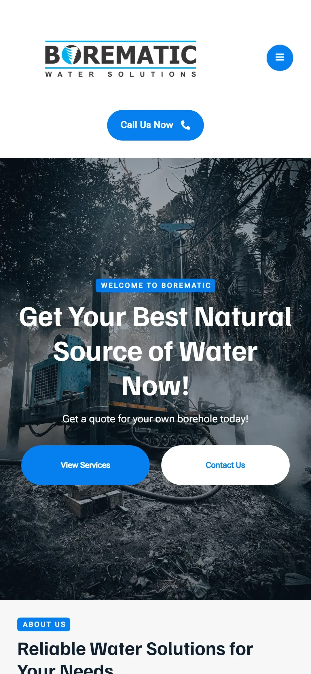 Borematic Water Solutions website, mobile view
