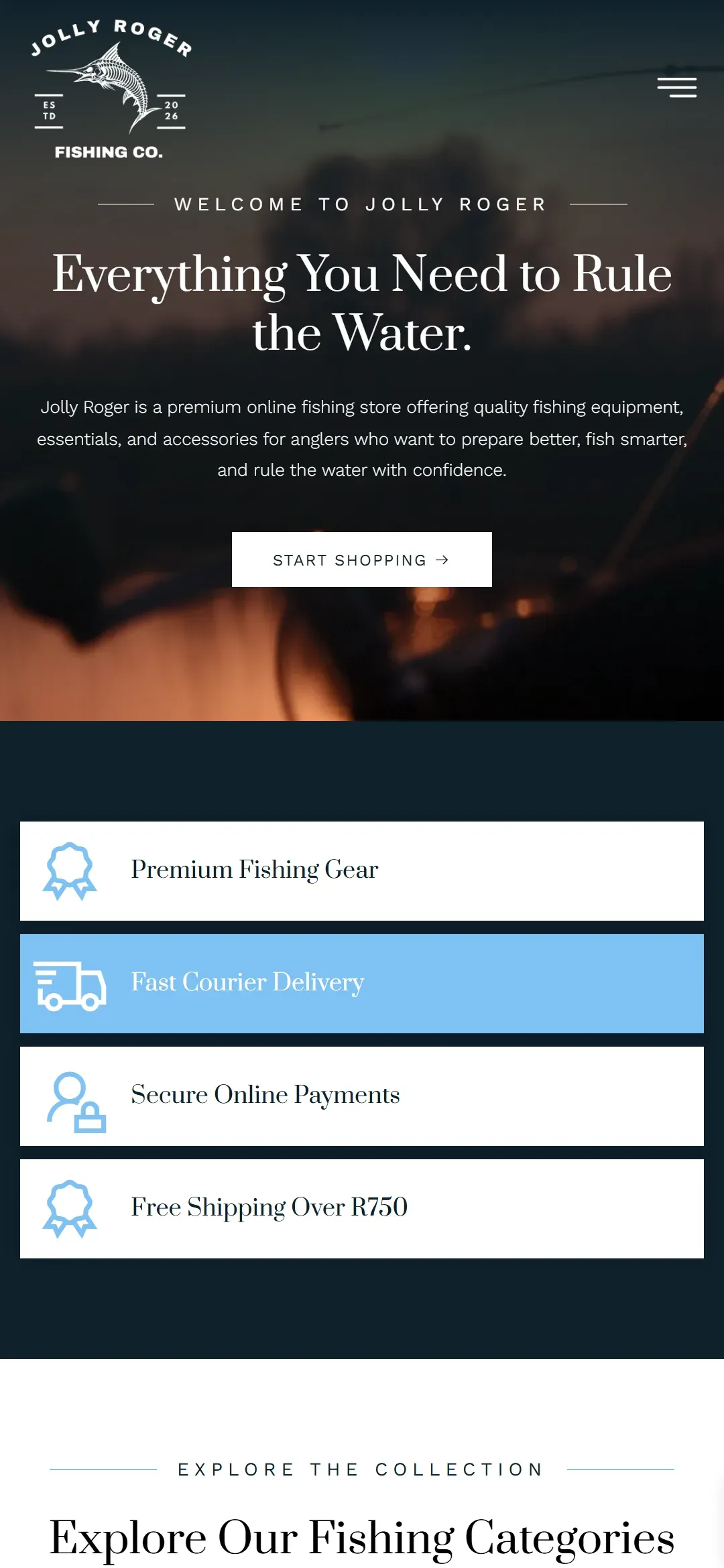 Jolly Roger Fishing website, mobile view
