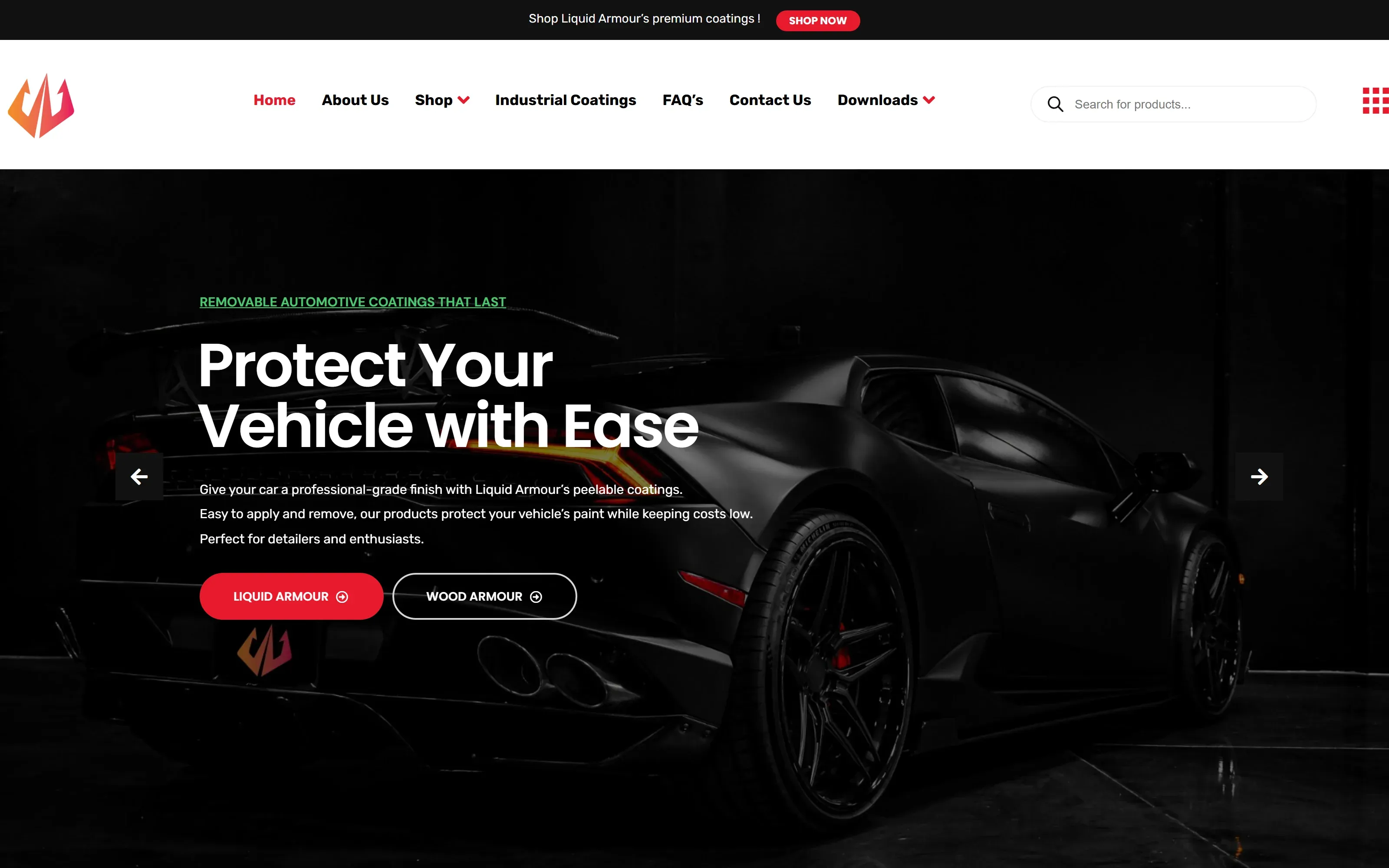Liquid Armour website, desktop view