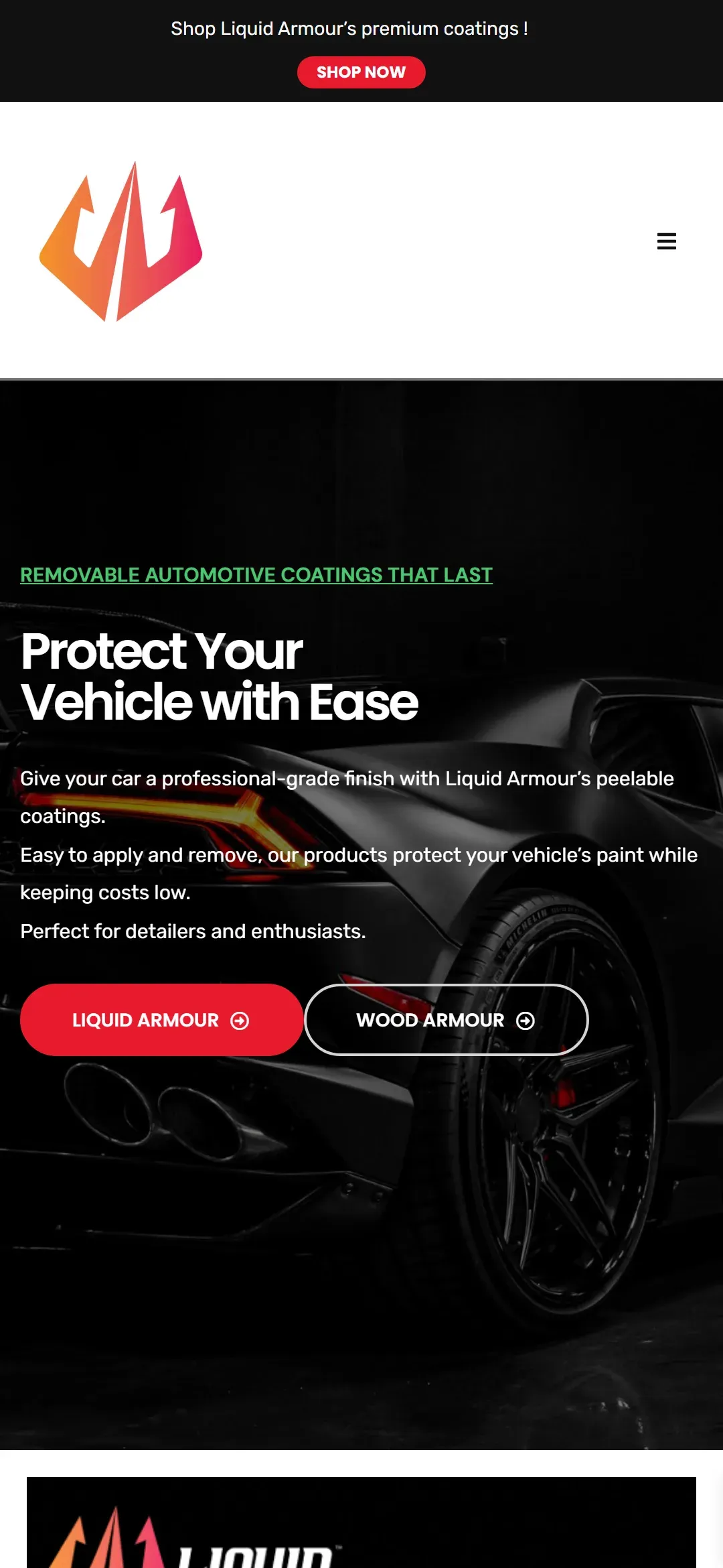 Liquid Armour website, mobile view