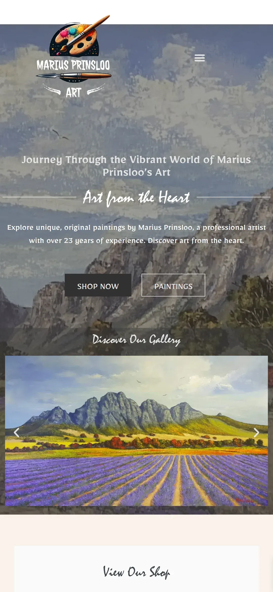 Marius Prinsloo Art website, mobile view